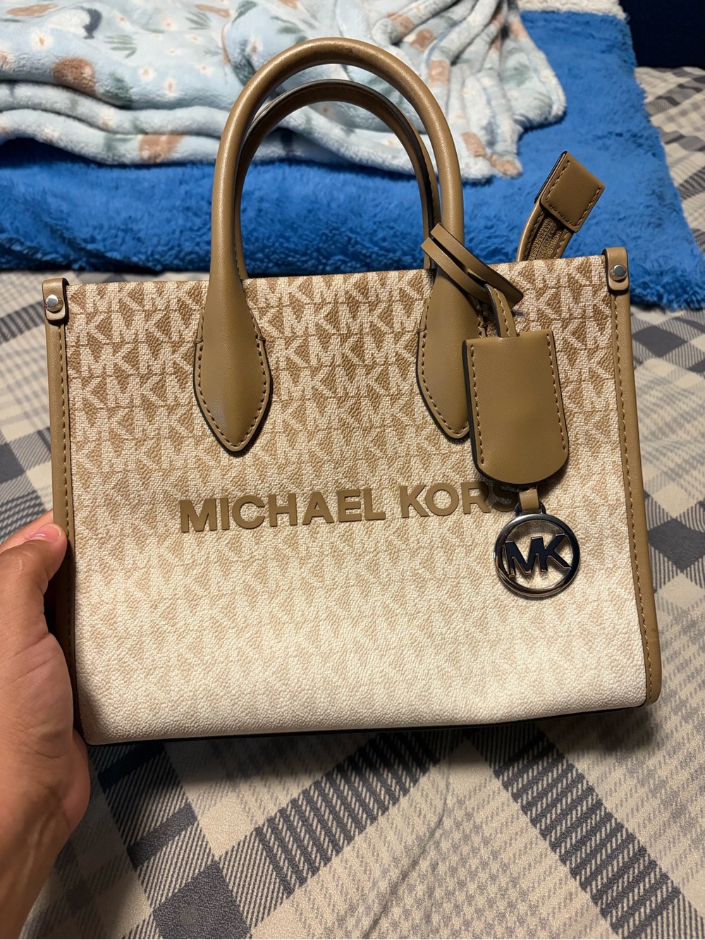 Michael Kors Tan Logo-Print Satchel with Gold MK Charm